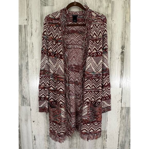 New Direction Womens Open Front Cardigan Sweater Medium Burgundy Aztec Fringe - Picture 1 of 7
